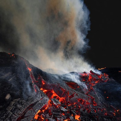 Volcanic Lava Flow Erupting at Night