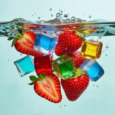 Strawberries and Colored Ice Cubes in Water
