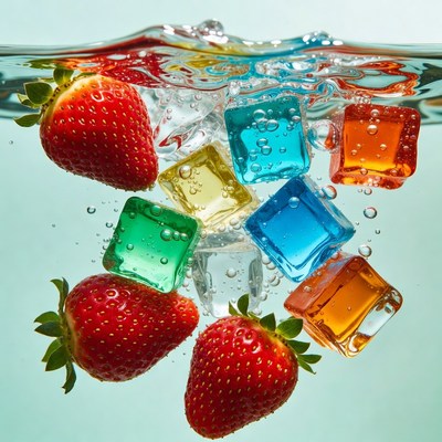 Strawberries and Colored Ice Cubes Underwater