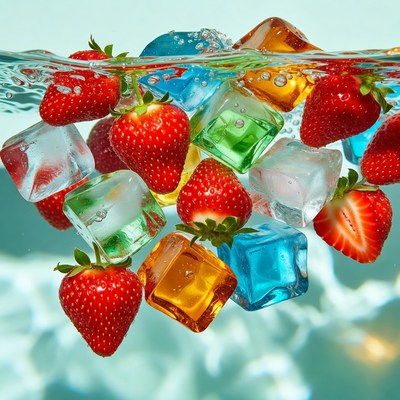 Strawberries with Colored Ice Cubes Underwater