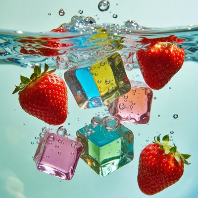 Strawberries and Colored Ice Cubes Underwater