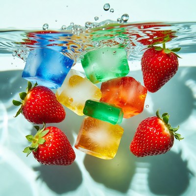 Colorful Ice Cubes and Strawberries Underwater