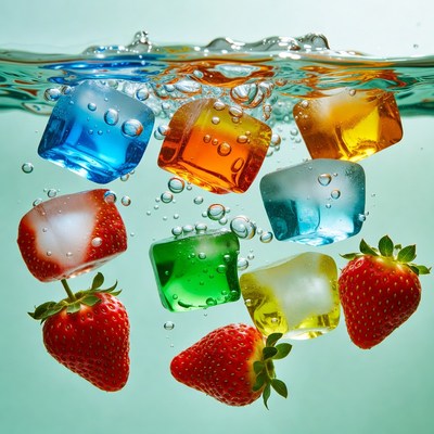 Colorful Ice Cubes and Strawberries Underwater