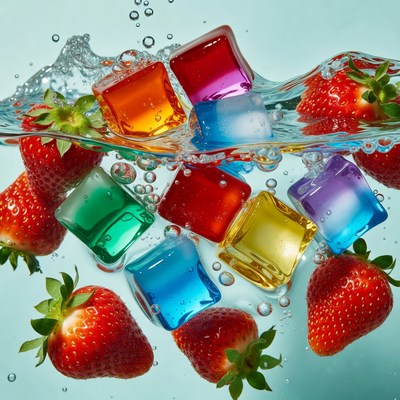 Colorful Ice Cubes and Strawberries in Water