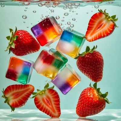 Strawberries and Rainbow Jelly Cubes Underwater