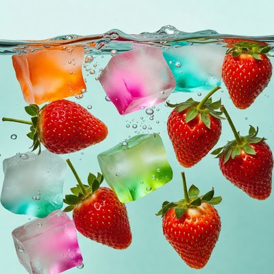 Strawberries and Colored Ice Cubes Underwater