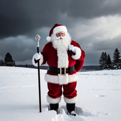 Santa Claus standing in snowy field
