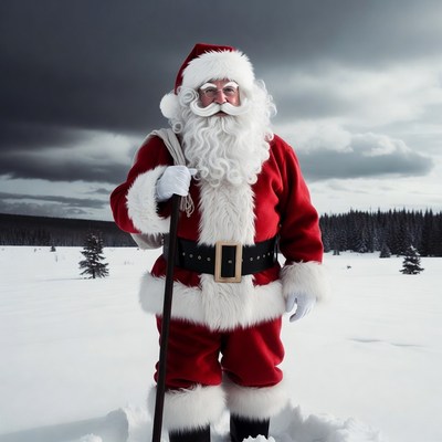 Santa Claus standing in snowy landscape