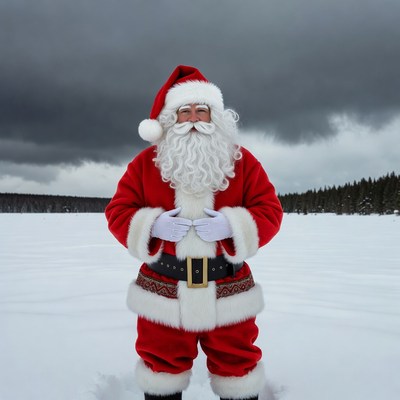 Santa Claus standing on snowy lake