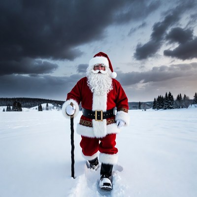 Santa Claus walking in snowy landscape