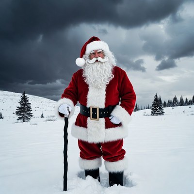 Santa Claus standing in snowy landscape