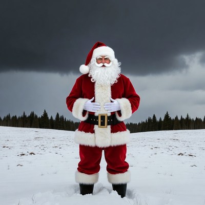 Santa Claus standing in snowy field