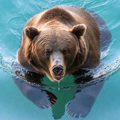 Grizzly bear swimming in turquoise water