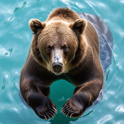 Brown bear floating in turquoise water
