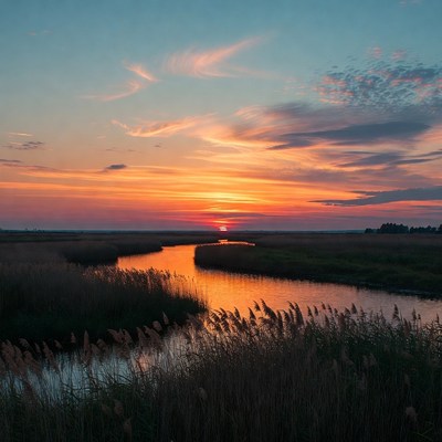 Sunset over river in reeds