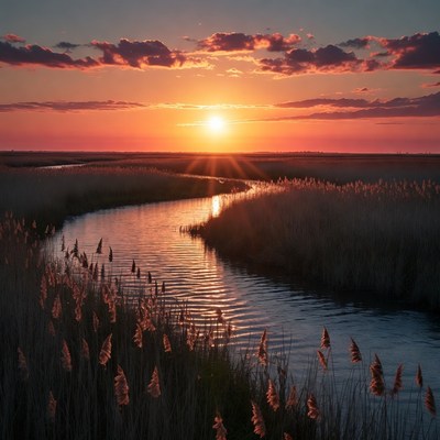 Sunset over winding river in reeds