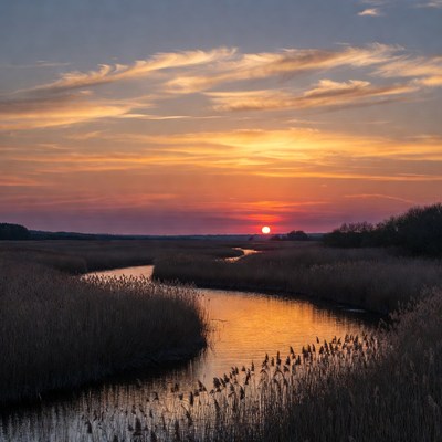 Sunset over river in reed marsh