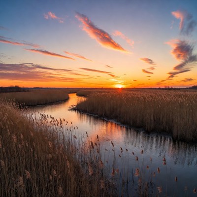 Sunset over river in reed fields