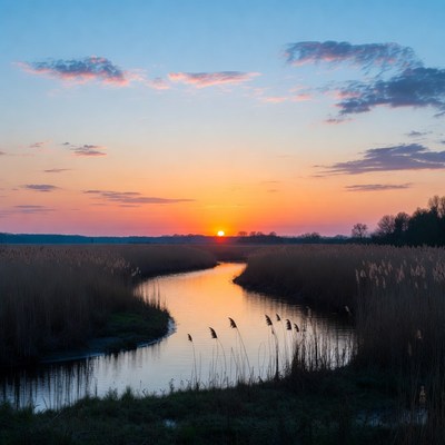 Sunset over river in reed fields