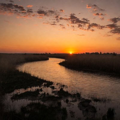 Sunset over winding river in marsh