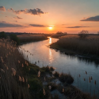 Sunset over river in reed fields