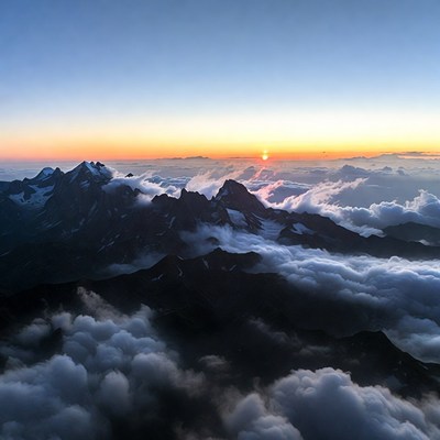 Snowy Mountains at Sunset Above Clouds