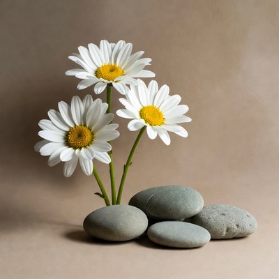 White Daisies with Smooth Pebbles