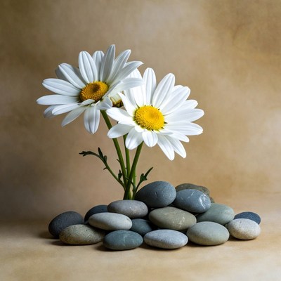 Two Daisies on Pebbles