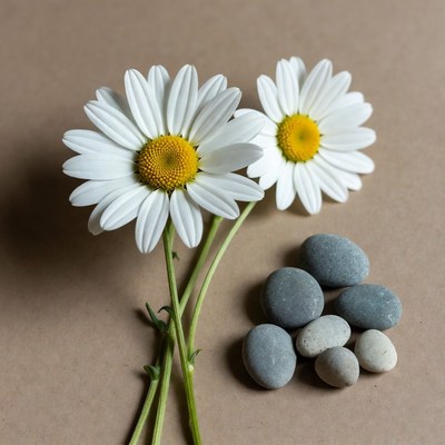 Two Daisies and Pebbles on Brown Background