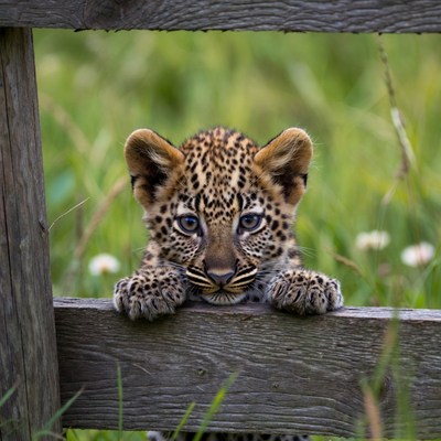 Baby leopard peeking over fence