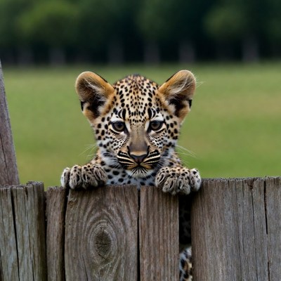 Leopard cub peeking over fence
