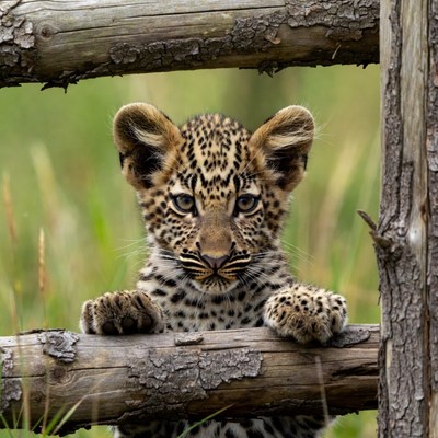Leopard cub peeking over fence