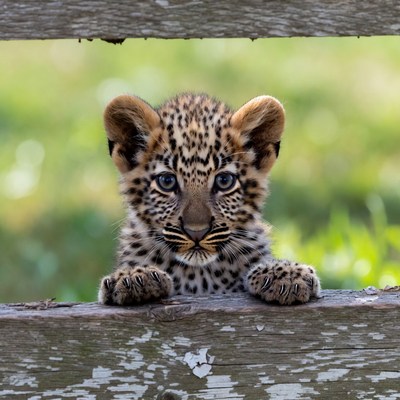 Leopard cub peeking over fence