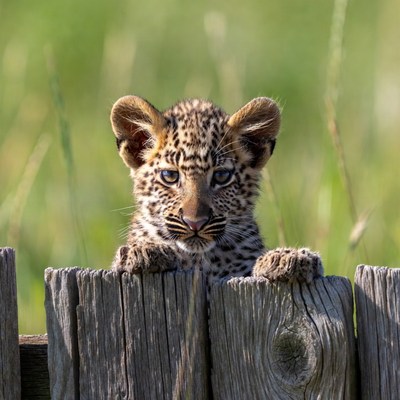 Leopard cub peeking over fence