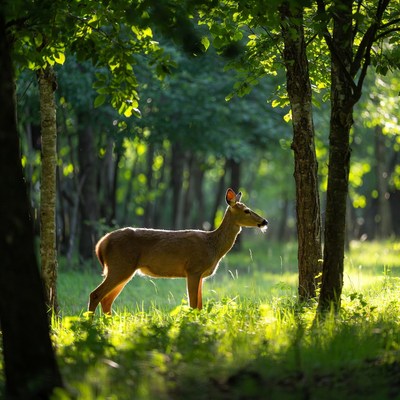 Doe standing in sunlit forest