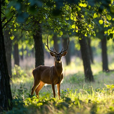 Stag Standing in Forest Sunlight