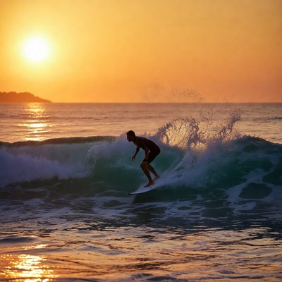 Man surfing wave at sunset