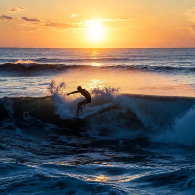 Silhouette surfer riding wave at sunset