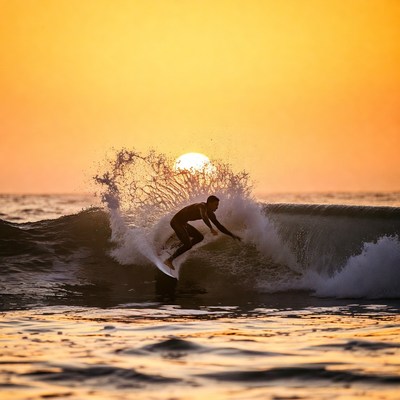 Silhouette surfer riding wave at sunset