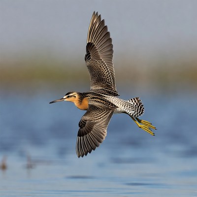 Red-necked Phalarope Flying over Water