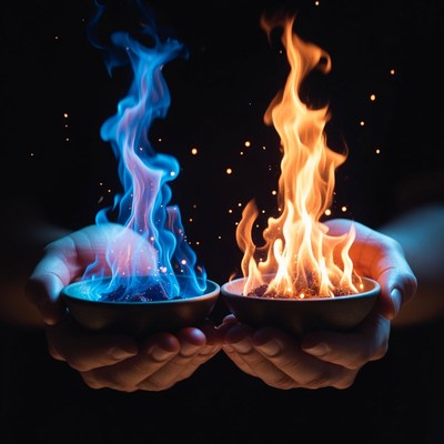 Hands Holding Blue and Orange Fire Bowls