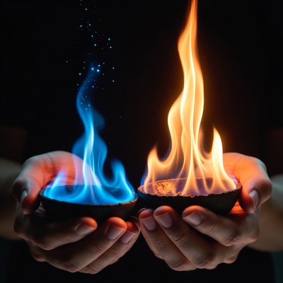 Hands Holding Blue Fire and Orange Flame Bowls