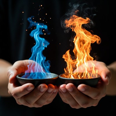 Hands Holding Blue Fire and Red Flame Bowls
