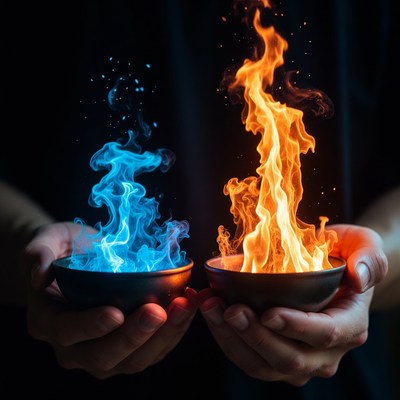 Hands holding fire and ice bowls