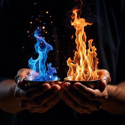 Hands holding blue fire and orange flames