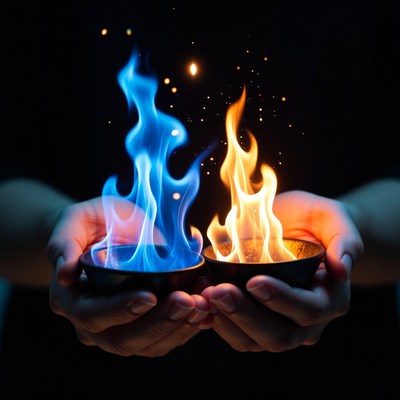 Hands Holding Blue and Orange Flames