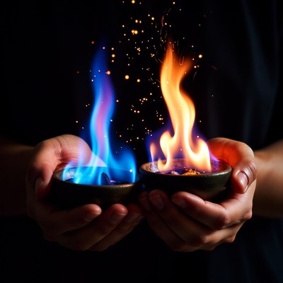 Hands holding blue and red flames