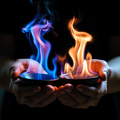 Hands holding blue and red fire bowls