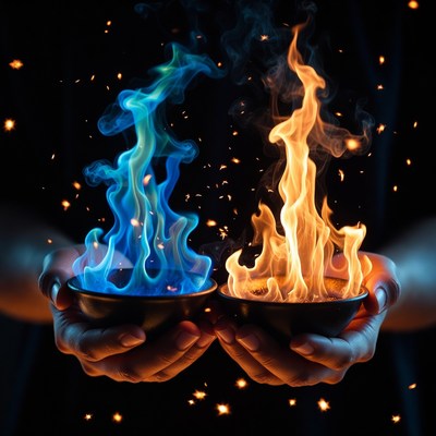 Hands Holding Blue and Red Fire Bowls