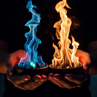 Hands Holding Blue and Orange Flames